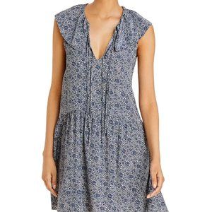 Rebecca Taylor Women's V-Neck Large Blue Floral Vine Print Cotton Dress